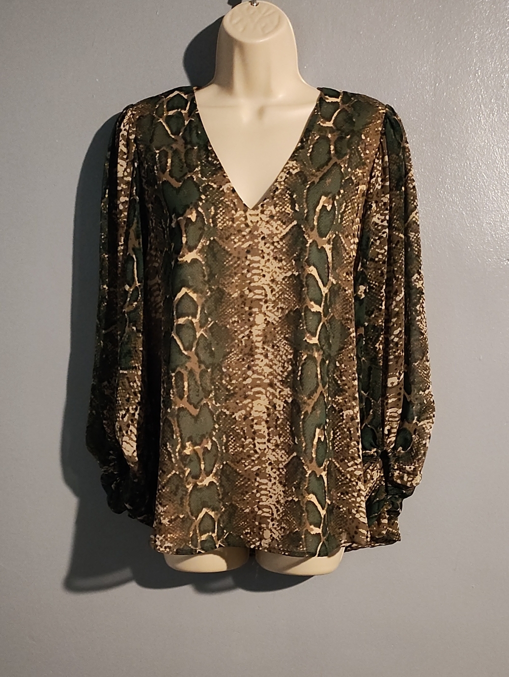 Adrienne Women's V-Neck Animal Print Blouse in Olive and Brown